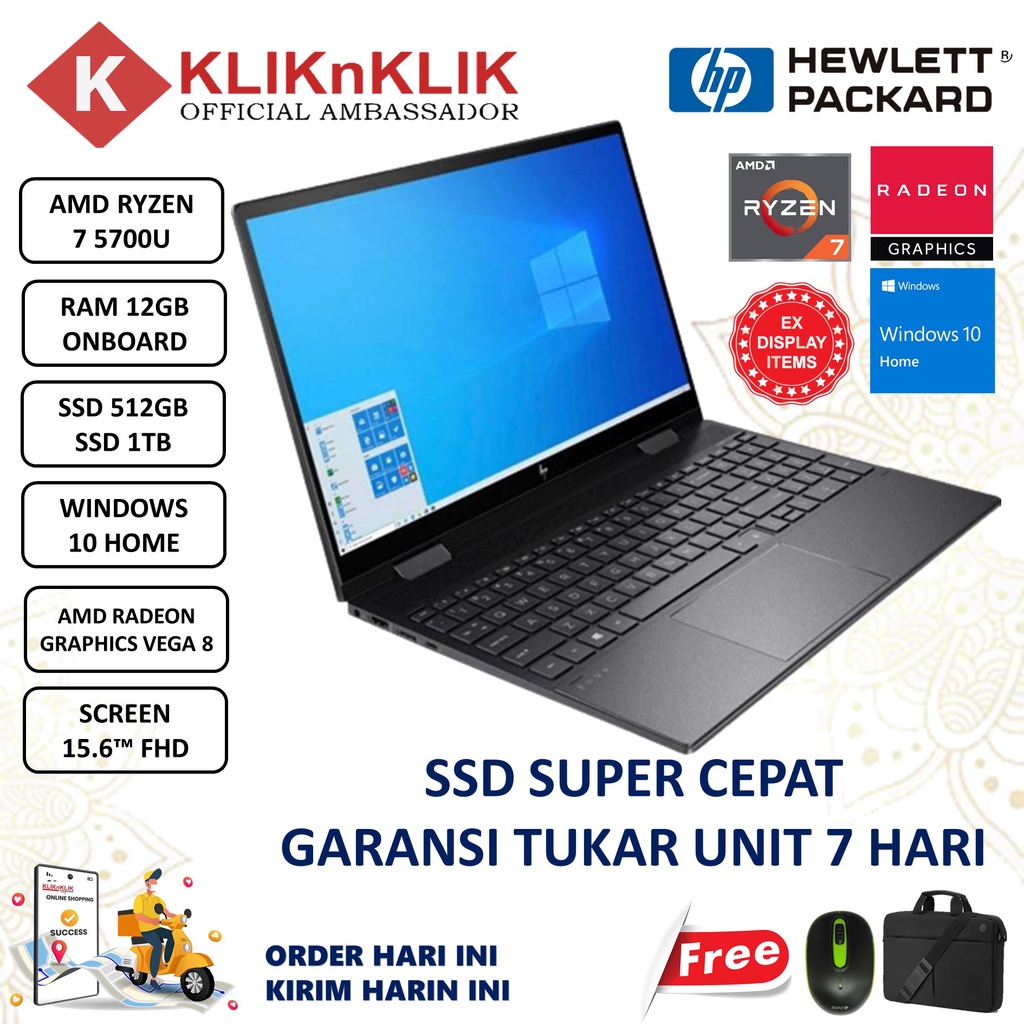 Laptop Desain HP Envy X360 15 Ryzen 7 5700U 12GB 1TB SSD FHD Vega 8 Windows 10 Home Black Terlaris