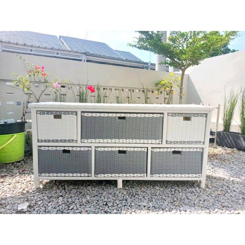 Lemari Rotan|Meja TV Rotan 6 Laci Minimalis|Dekor Rumah