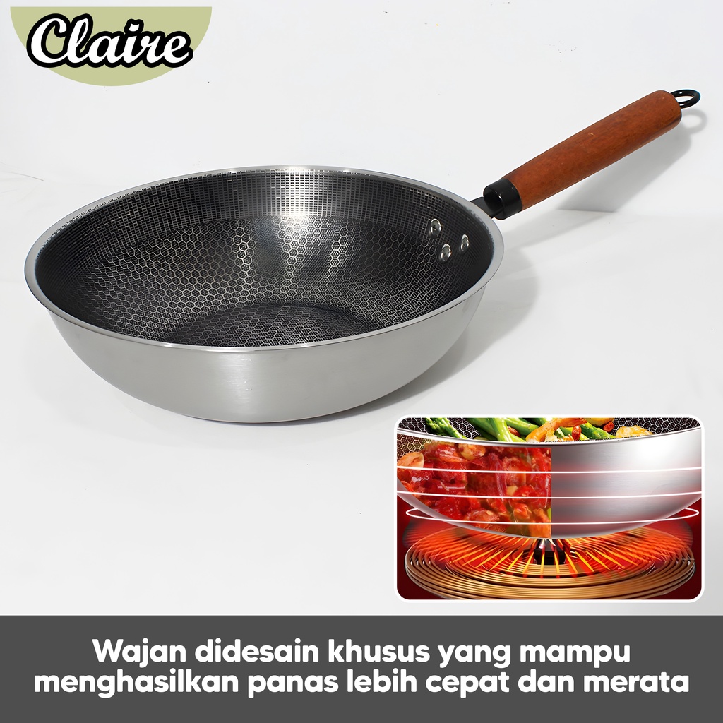 Wajan Wok Gagang Kayu Stainless Steel / Wajan Wok Tebal