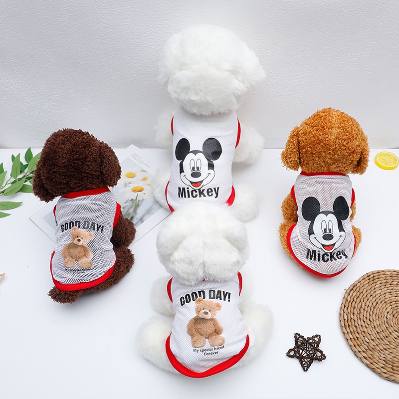 Baju Anjing Musim Panas Jala Tipis Bernapas Rompi Anjing Peliharaan Pakaian Kucing Mickey Corgi