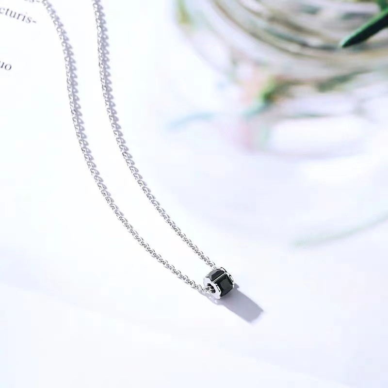 XiaoboACC S925 Sterling Silver Korea Fashion Sederhana Hitam Zirkon Liontin Klavikula Rantai Kalung - 40CM+5CM