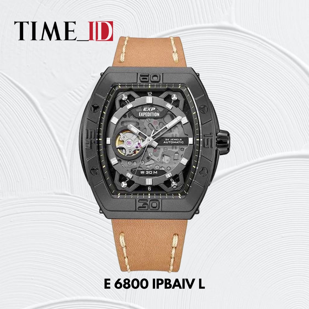 Jam Tangan Expedition E 6800 Black Brown Leather Automatic Pria