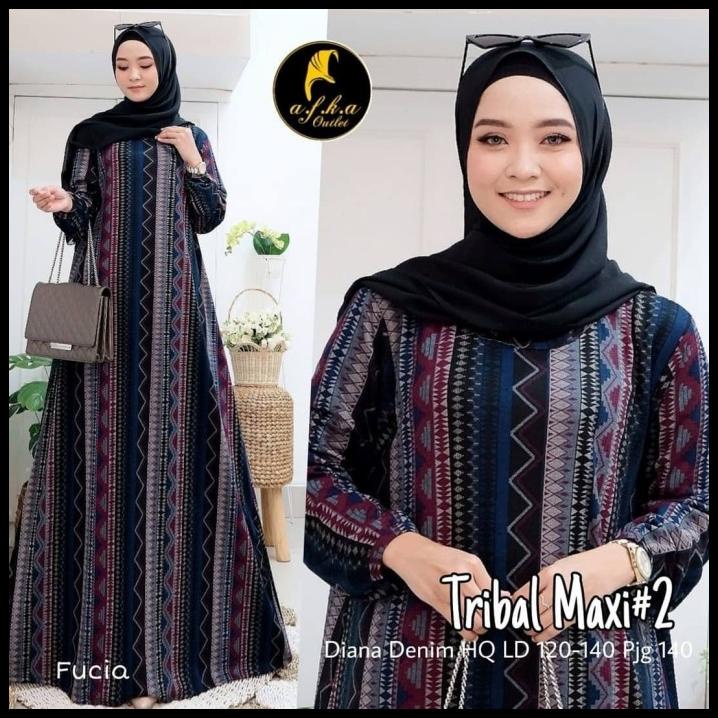 Tribal Maxi #2 Jumbo Diana Denim Import Gamis Muslim Maxi Dress Wanita