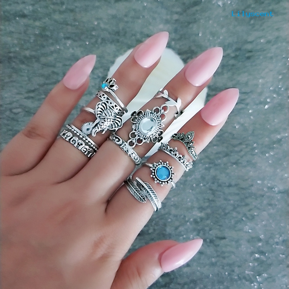 [LS]12Pcs Wanita Vintage Boho Faux Gemstone Rhinestone Perhiasan Berlian Imitasi Knuckle Susun Rings