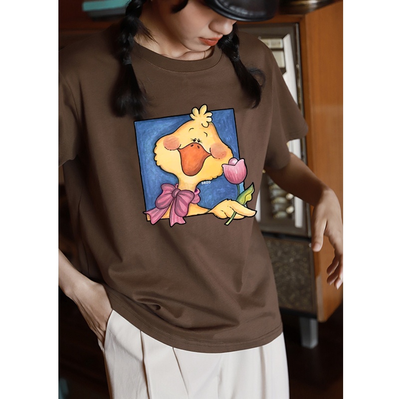 [chaoo.id]Kaos Couple Korean Style Oversize Duck Pattern Printing Lengan Pendek T-shirt Vintage Kaos Cream/baju atasan wanita