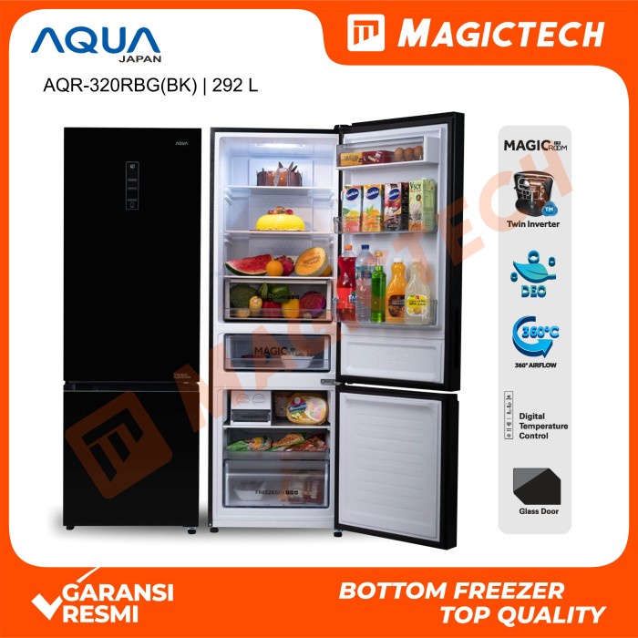 KULKAS AQUA 2 PINTU AQR-320RBG(BK) BOTTOM FREEZER 292L TWIN INVERTER