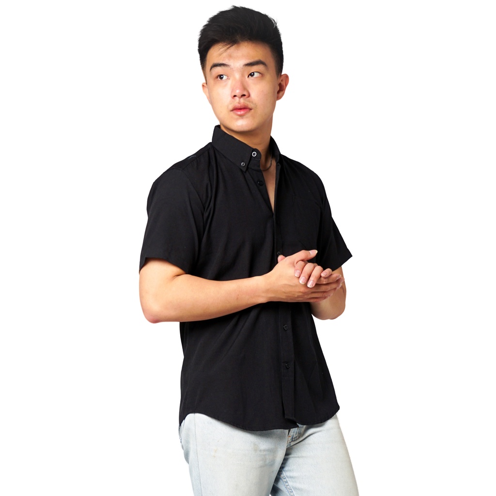 819 Kemeja Pria Lengan Pendek Polos HITAM BLACK Oxford Basic SIMPLE Slimfit Casual Tersedia Ready Sampai Size JUMBO BIG SIZE XXL XXXL