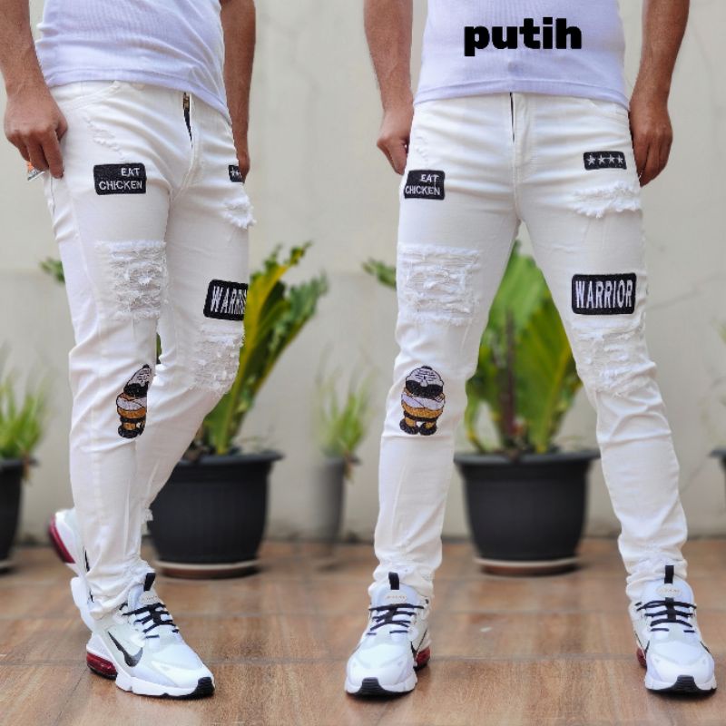 Jeans Putih Celana Pria Jeans Ripped Arm-Man Sobek Polos