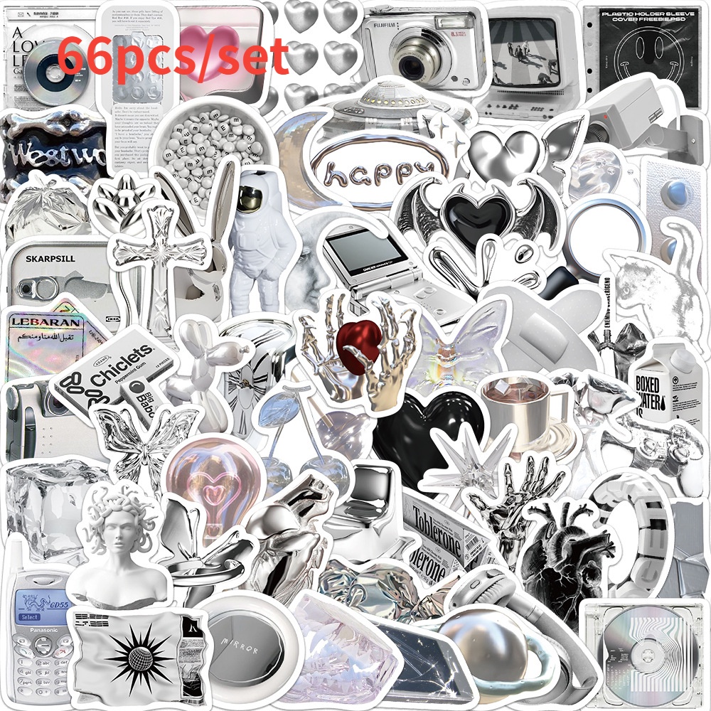 66pcs/set Gaya Retro Sederhana Silver Graffiti Stiker Koper Gitar Notebook Laptop DIY Tahan Air Stiker