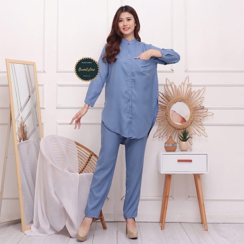 Stelan Layla Oneset Kemeja Tunik Polos Wanita Shakila Premium