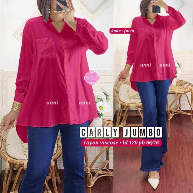 Carly Kemeja Blouse Oversize Jumbo Polos Fuchia Fanta Katun Rayon Viscose Ld 120 Fit XXXL By Ziza
