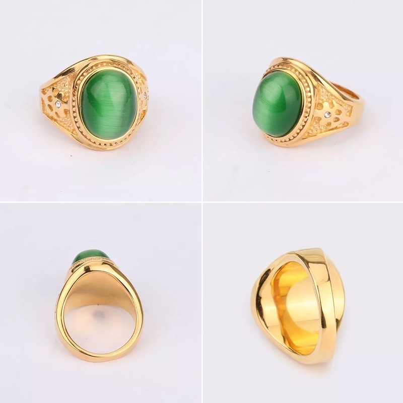 Cincin Batu Hijau Cat Eye Opal Giok Zamrud Ring Gold Titanium