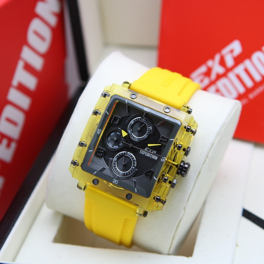 JAM TANGAN WANITA EXPEDITION E 6808 BLACK YELLOW RUBBER ORIGINAL GARANSI RESMI 1 TAHUN