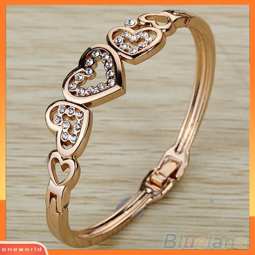 [ONE] Wanita Chic Pesta Berongga Hias Berlian Imitasi Jantung Bangle Rose Gold Alloy Bracelet