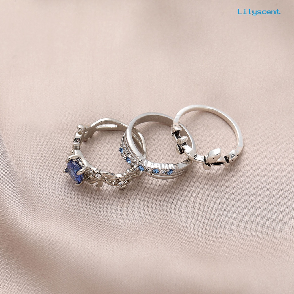 [LS]3Pcs Wanita Cincin Bunga Perhiasan Permata Imitasi Bersinar Stackable Knuckle Rings Untuk Pesta Perjamuan Prom