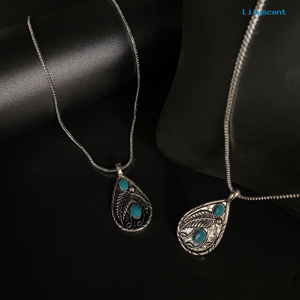 [LS] Vintage Unisex Kalung Alloy Kalung Turquoises Stone Leaf Water Drop Pendant Necklace Untuk Hadiah