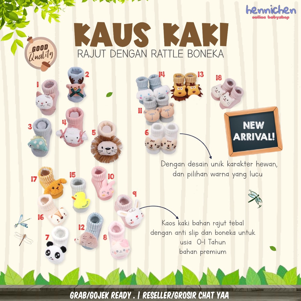 KAOS KAKI RAJUT DENGAN RATTLE BONEKA TEBAL HANGAT 0 - 1 Tahun dengan anti slip