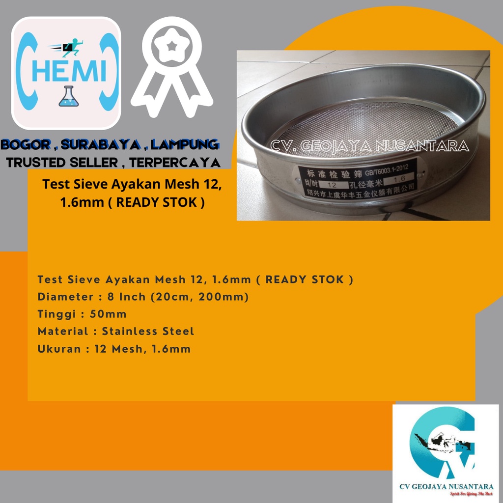 Test Sieve Ayakan Mesh 12, 1.6mm ( READY STOK )