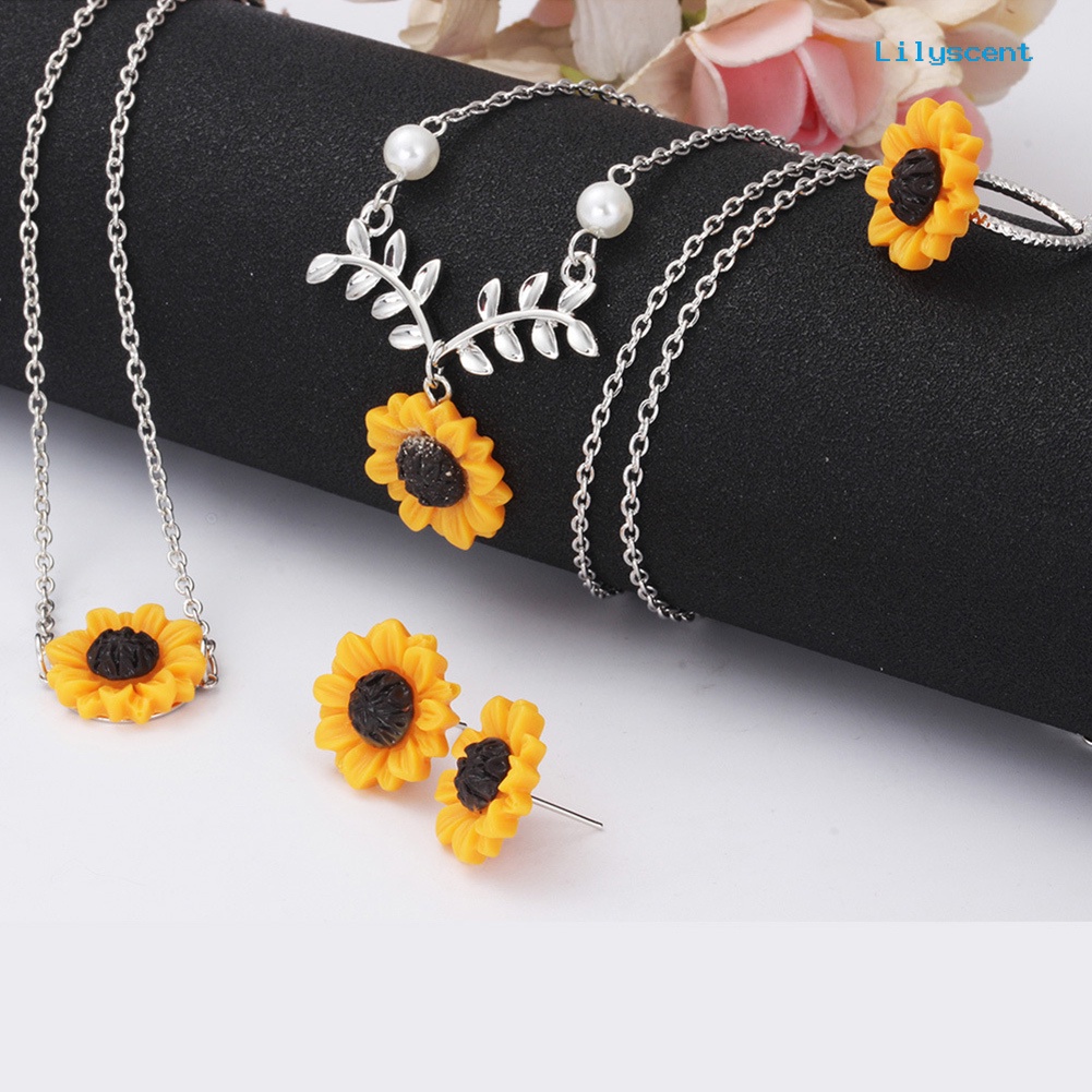 [LS] 5pcs/set Fashion Bunga Matahari Liontin Kalung Stud Anting Cincin Gelang Perhiasan