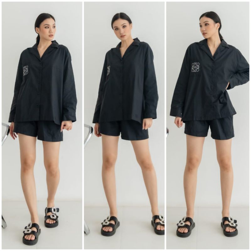 ⚡️CLEARANCE SALE ♡ PREMIUM ♡ ORIGINAL ! LOEVVIE 2 IN 1 EMBROIDERY POCKET SET LONG SLEEVE BUTTON SHIRT WITH SHORT PANTS / SETELAN KEMEJA &amp; CELANA PENDEK (BUSUI FRIENDLY)