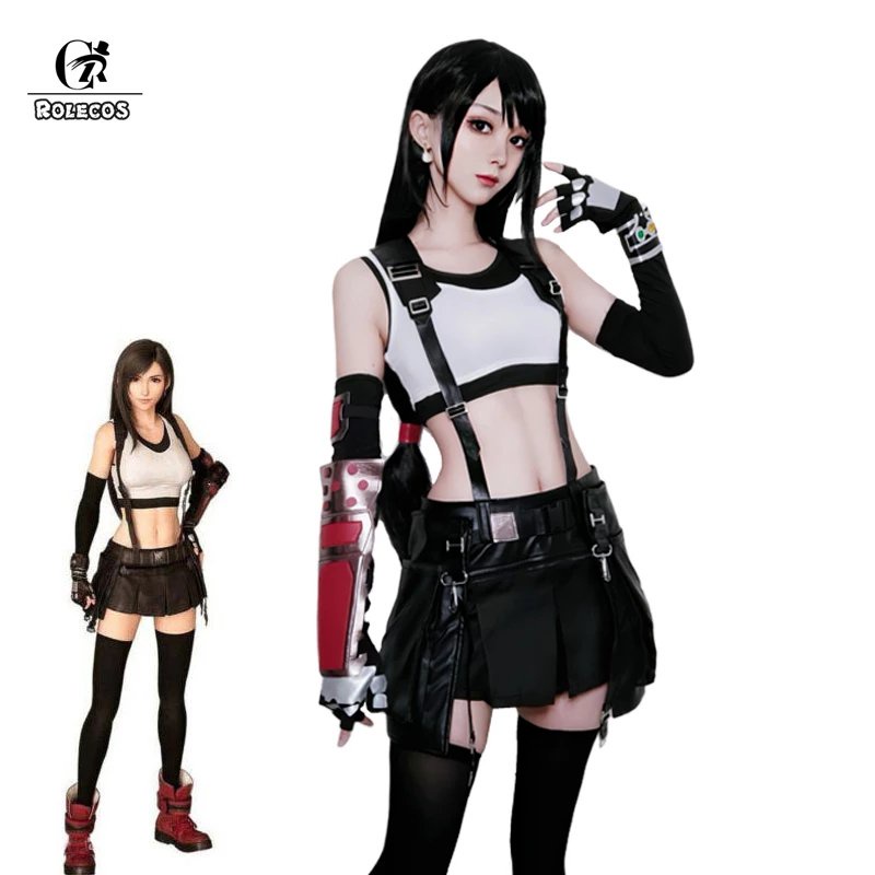 ROLECOS FF VII Tifa Cosplay Costume FF7 Remake Game Cosplay Costume Halloween Sexy Overalls Skirt