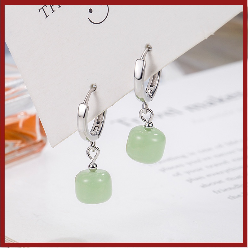 Anting Hetian Giok Retro Bentuk Kotak Untuk Wanita U1434
