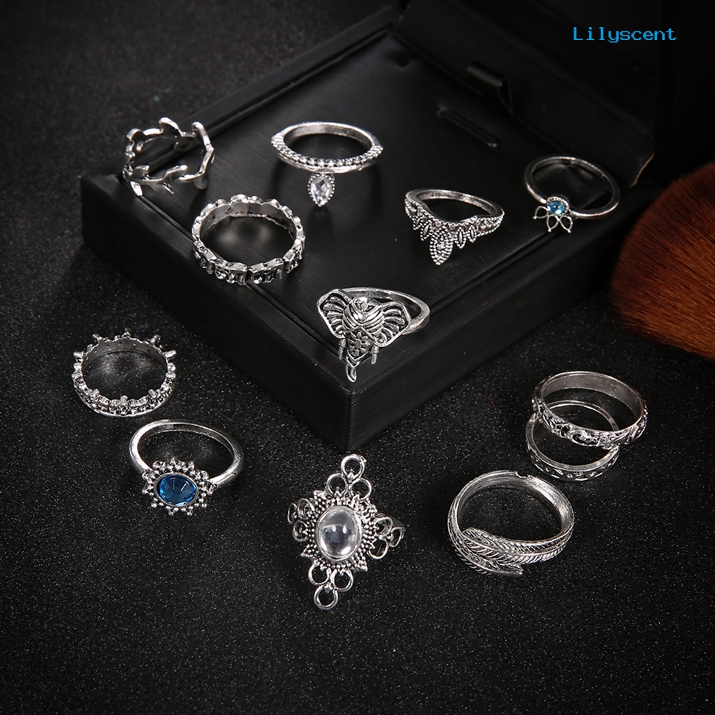 [LS]12Pcs Wanita Vintage Boho Faux Gemstone Rhinestone Perhiasan Berlian Imitasi Knuckle Susun Rings