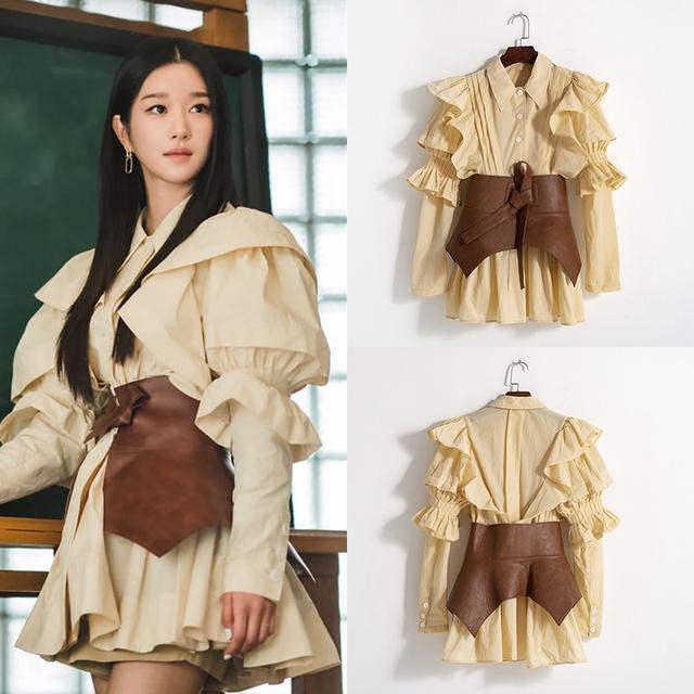 Suhao Xu Ruizhi Gao Wenying gaya yang sama one-piece suit korset kemeja khaki kerah mengacak-acak engah lengan gaun pakaian