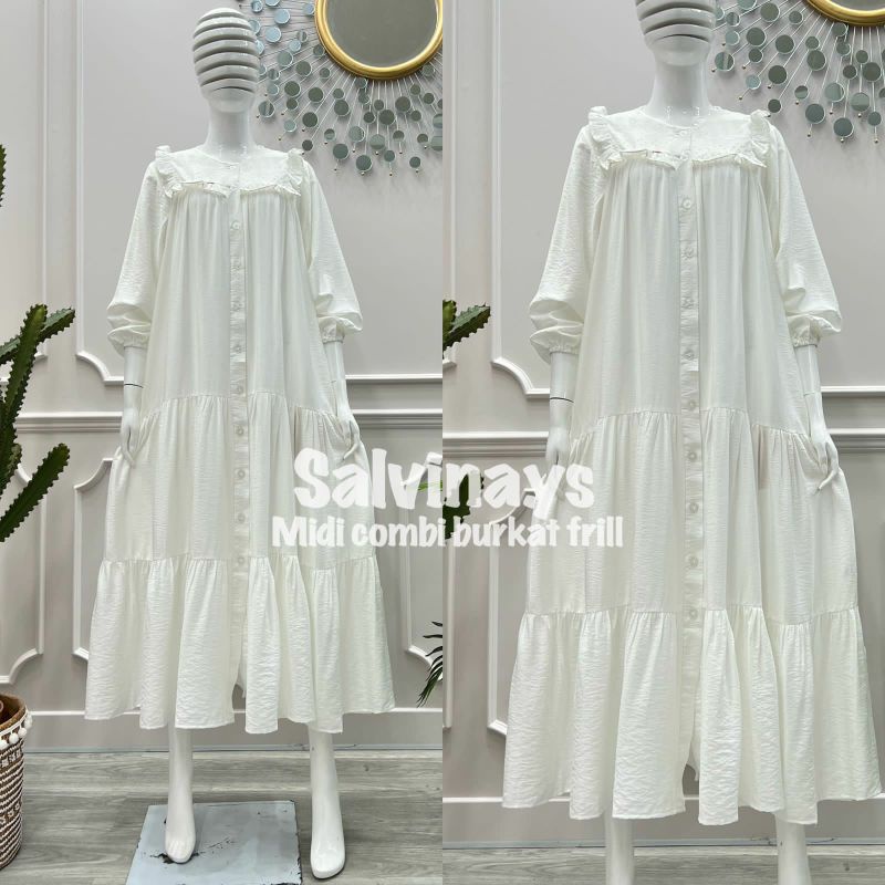 GAMIS MIDI DRESS SALVINA YS ORIGINAL PUTIH TERBARU CRINGKLE KOMBINASI BROKAT GAMIS DRESS KRAH PITA P