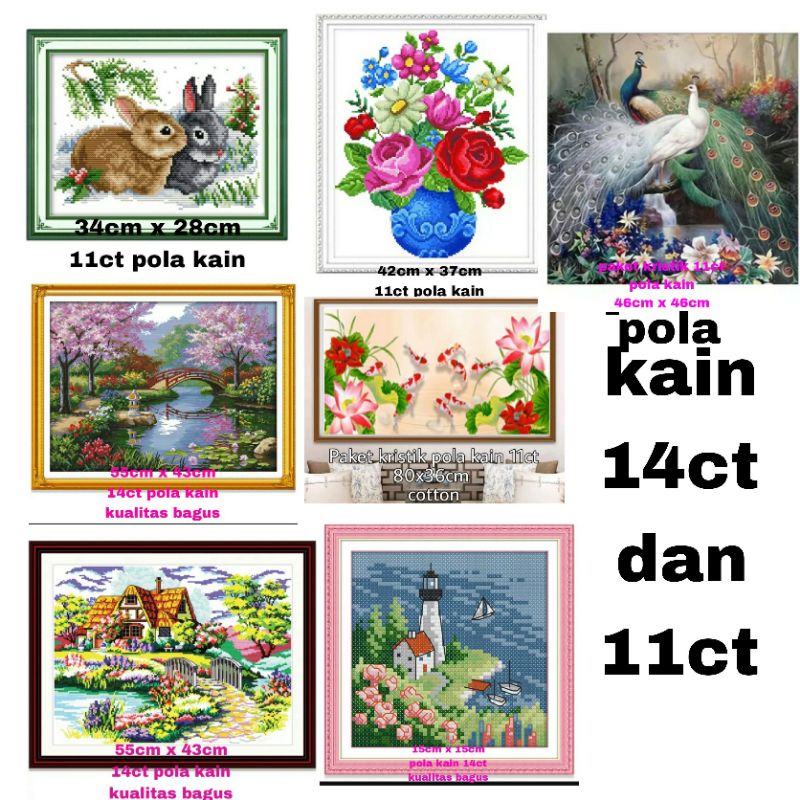 paket kristik pola kain 11ct 14ct gambar  merak bunga pemandangan garden ikan rumah tepi laut