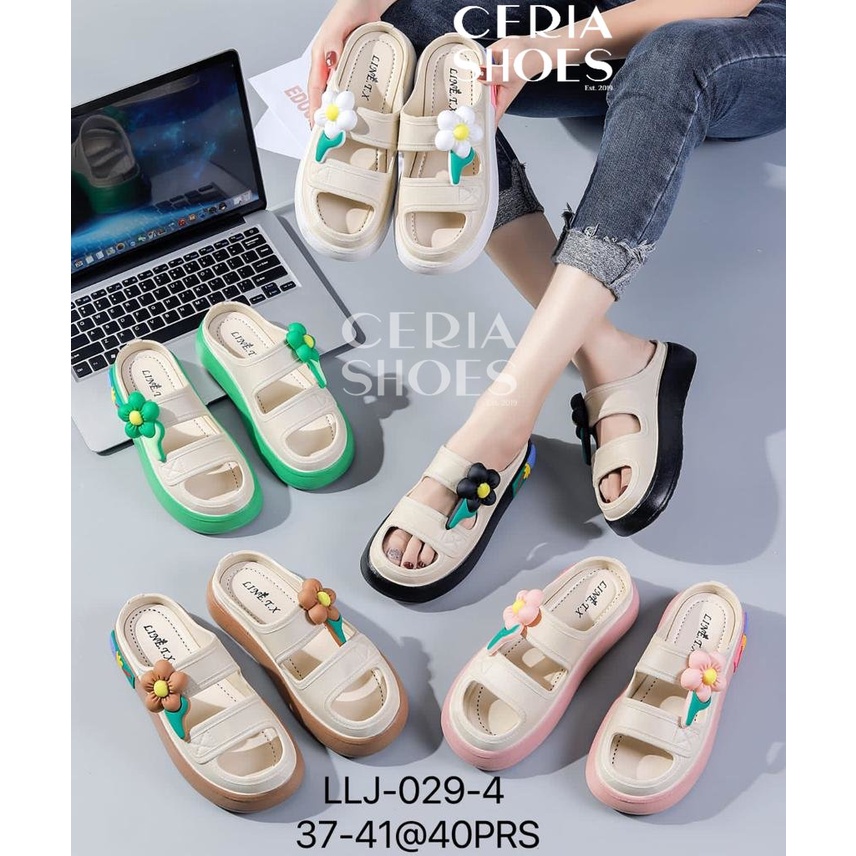 PVC Sandal Slop Wanita Karet Jelly Import Strap 2 Motif Bunga Daun Bahan Karet Jelly Empuk Elastis Anti Slip 029-4 TGK-DW