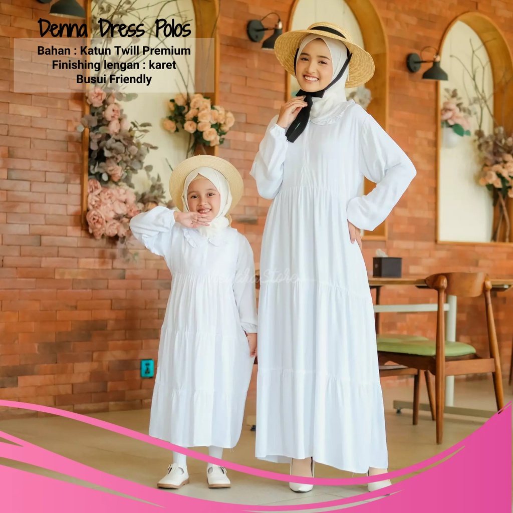 Baju Kemeja Dress Wanita Dewasa Kekinian Fashion Muslim Hijab Bahan Katun Couple Ibu Anak Perempuan Polos Warna Putih