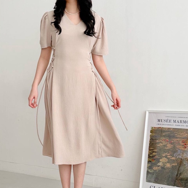 Jual AeRi Dress / Korean Midi Dress / Korean Puffy Sleeves / Tali Adjustable Shopee Indonesia