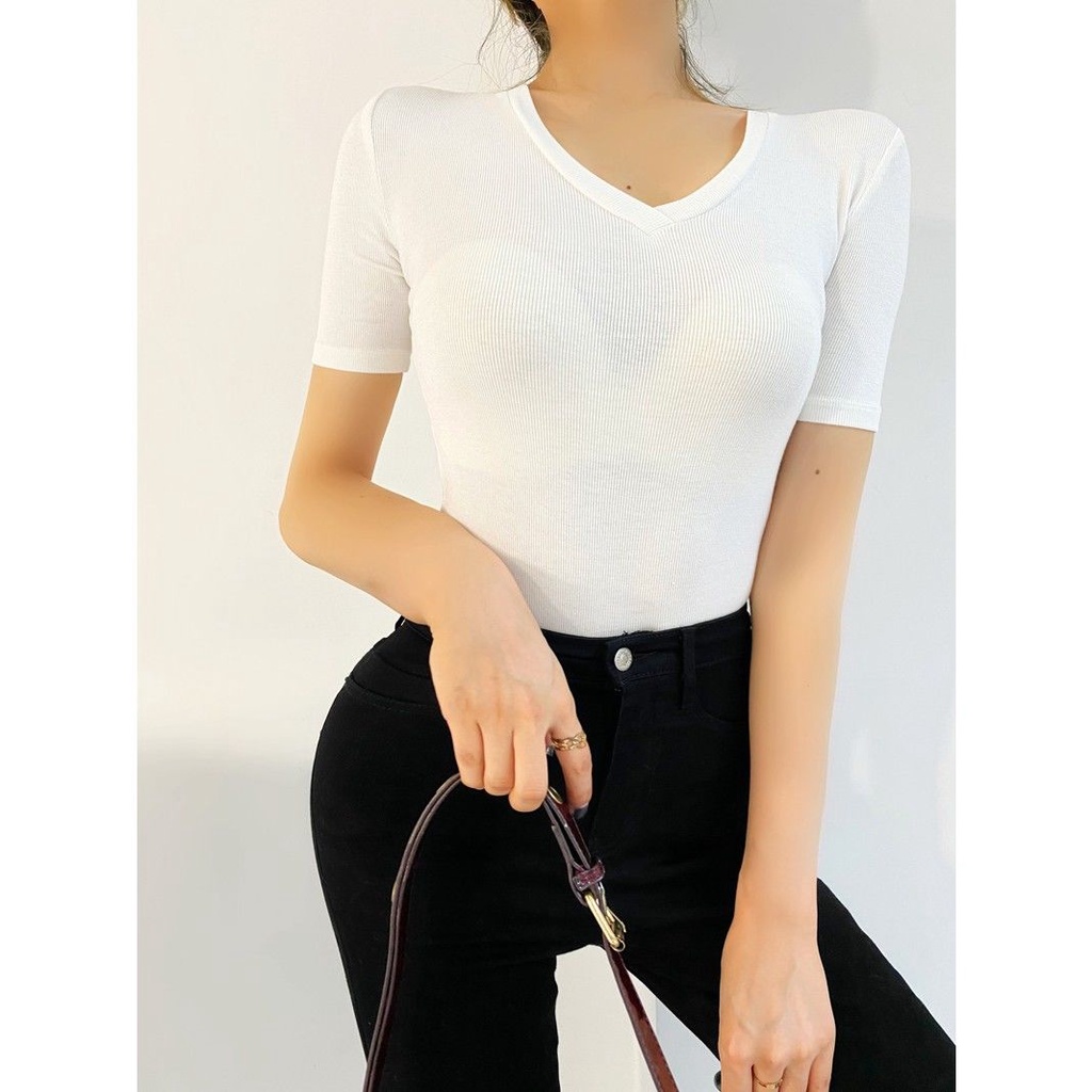 ✹Suhao Putih V-Leher T-shirt Wanita Musim Panas Sederhana Warna Solid Dasar Tipis Kemeja Seksi Gadis Ketat Lengan Pendek top