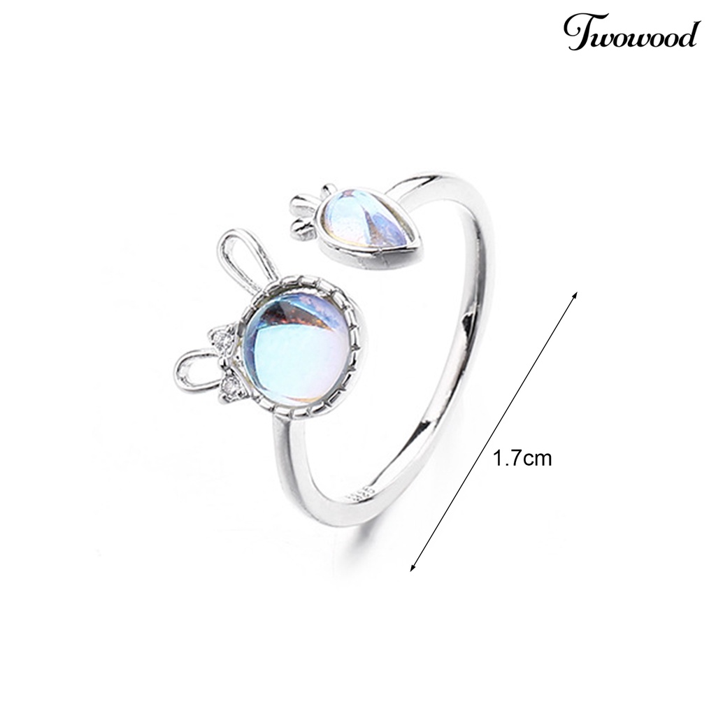 Twowood Wanita Cincin Shiny Faux Moonstone Animal Element Adjustable Opening Design Hadiah Hias Kelinci Kecil Lobak Jari Cincin Perhiasan Pesta Untuk Pacaran