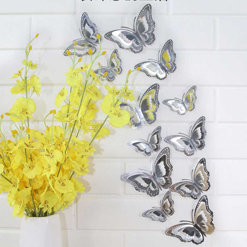 12pcs 3-Layer Hollow Butterfly Stiker Glittering Art DIY Decals Halus Dekorasi Kertas Kupu-Kupu 3D Gradien Kupu-Kupu Wallpaper Untuk Jendela Kamar Kulkas Pesta