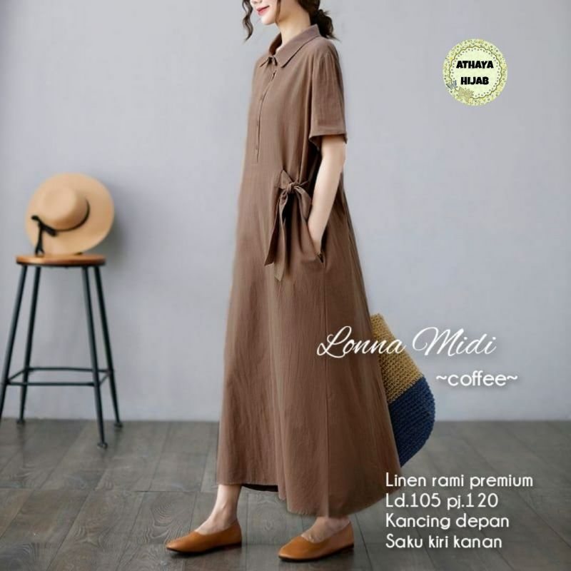 Dress Midi Linen Rami Premium LD 110 Lonna Midi Dress Casual Wanita Terbaru By Athaya Hijab
