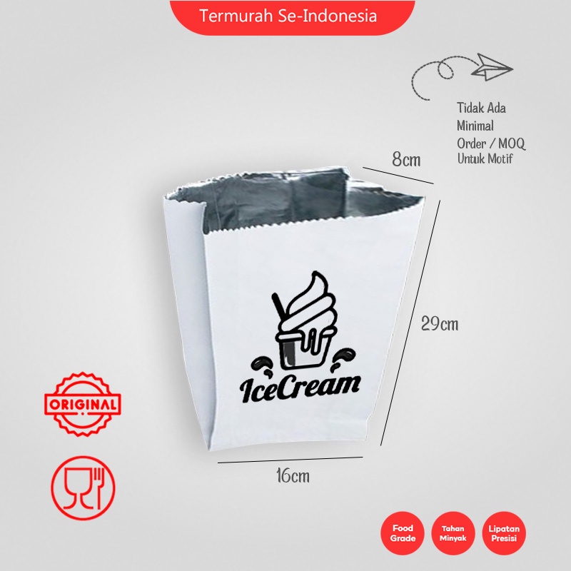 (CUSTOM) Kantong Kertas Makanan Alumunium Uk. 29x8x16 cm / Bungkus Makanan Kantong Kertas Eskrim, Ku