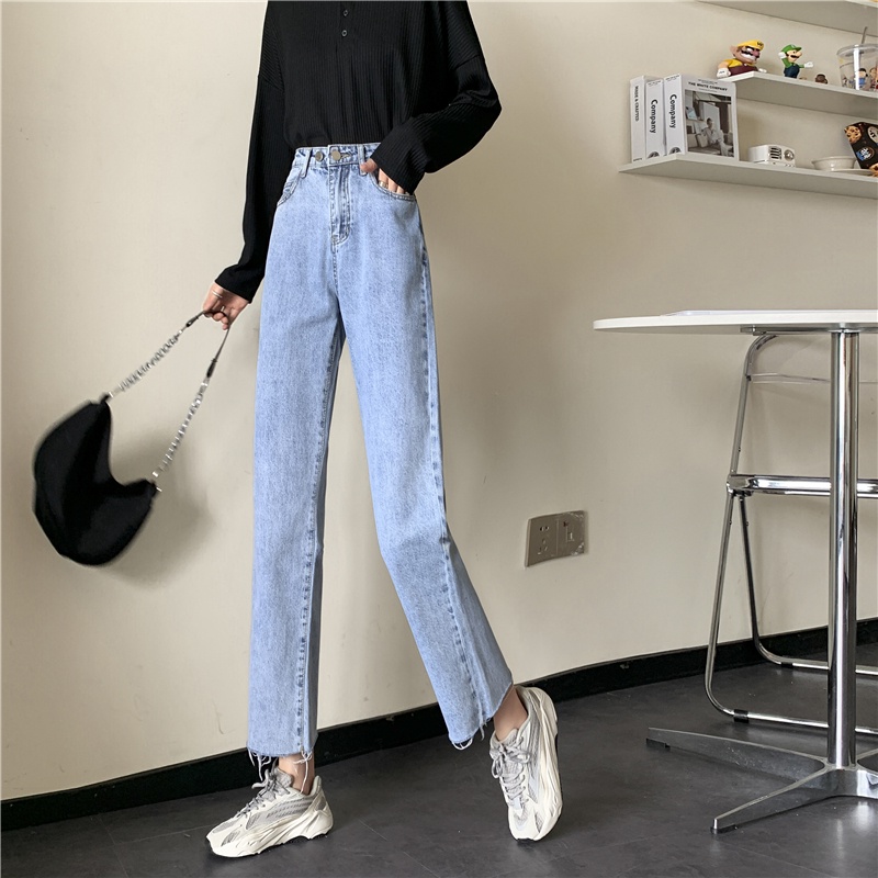 New Biru muda straight korean style boyfriend celana jeans wanita