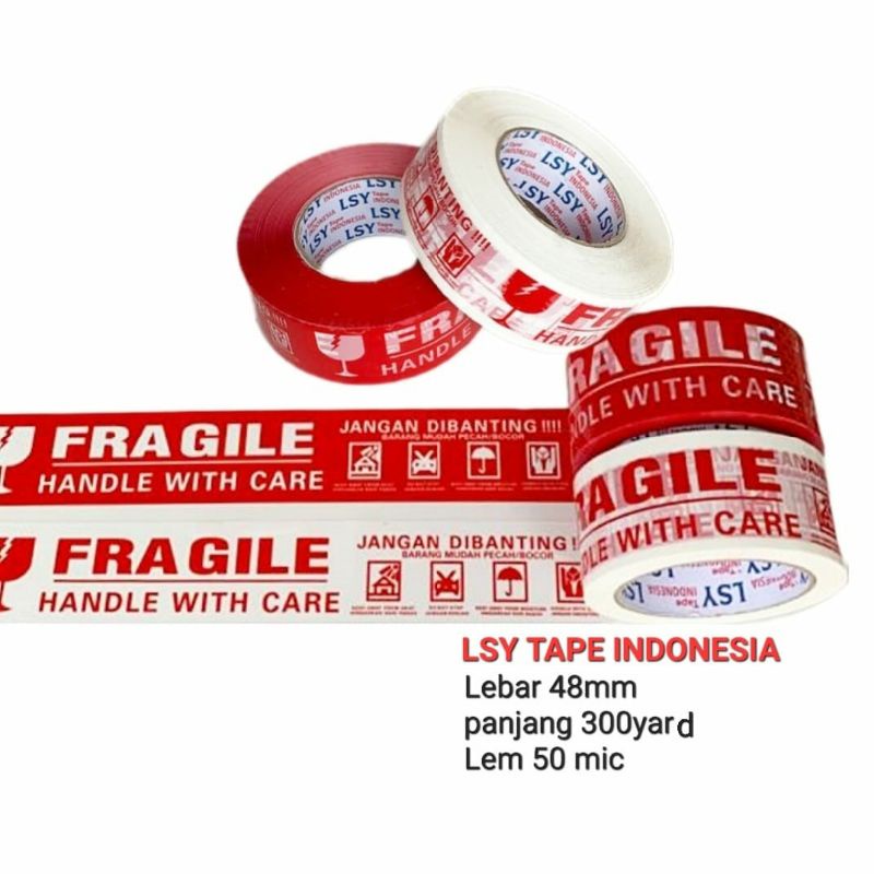 

lakban fragile full merah & putih LSY 48mm x 300yard full ( CBM ) RB9