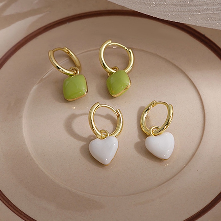 Anting Tetes Hati Enamel Hijau Putih Sederhana Untuk Wanita Elegan Warna Emas Cinta Persegi Menjuntai Earring Perhiasan Pesta
