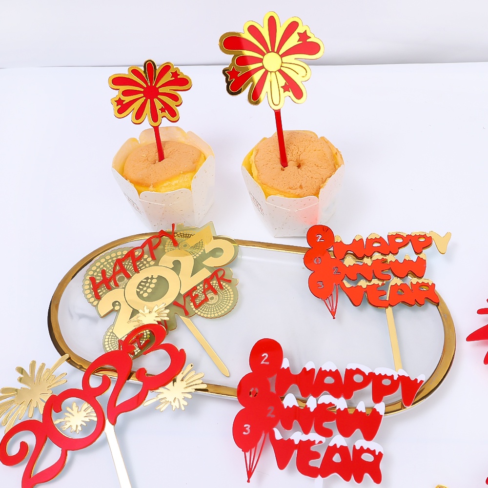 Happy New Year 2023kartu Kue Akrilik/Dekorasi Dessert Pesta Keluarga Golden Red