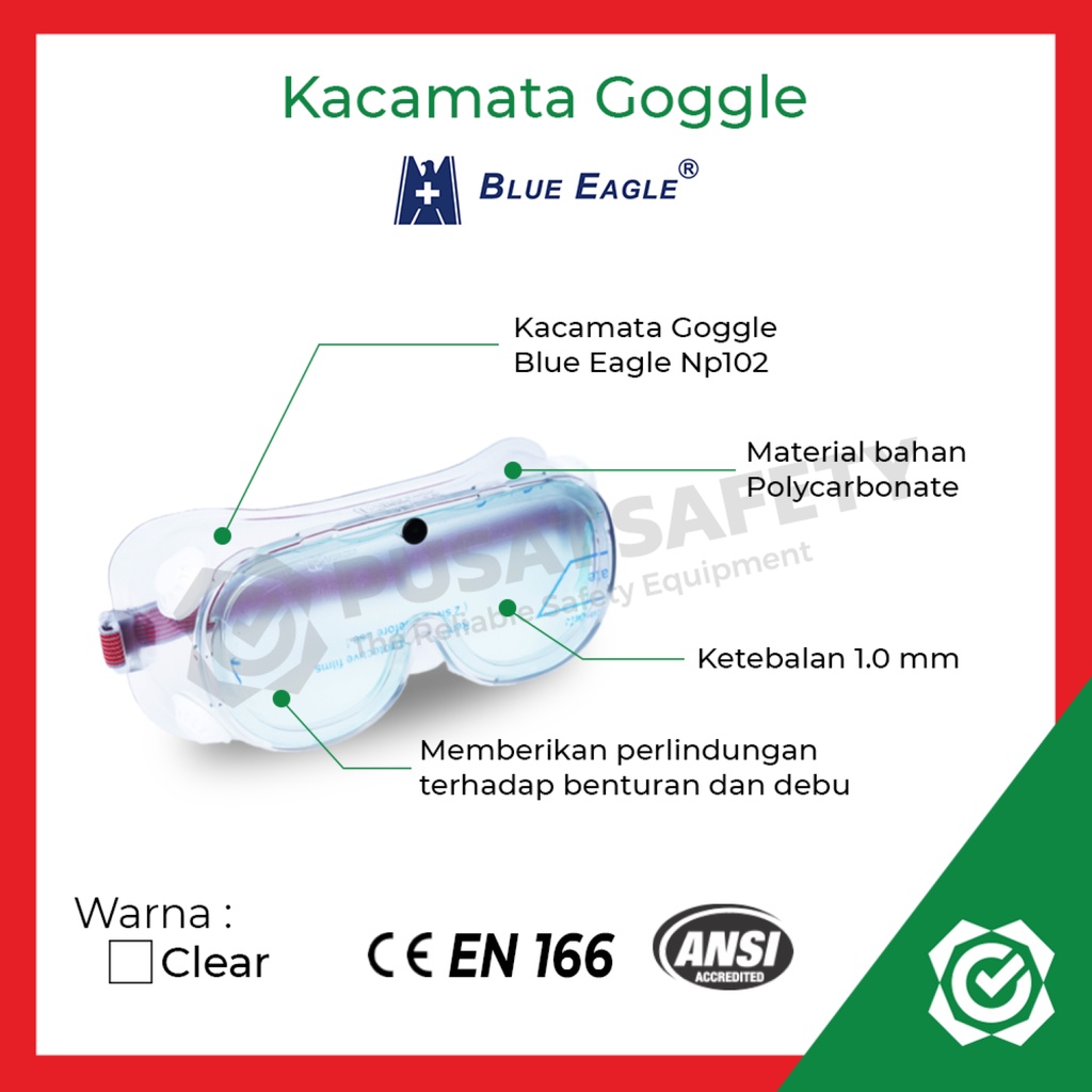 Kacamata Safety Chemical Goggle NP 104 Clear Lens Blue Eagle Original