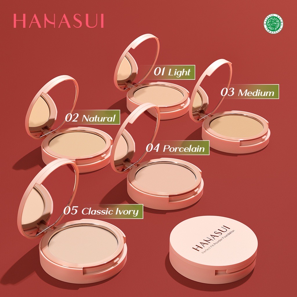 HANASUI Perfect Fit Powder Foundation Indonesia / 12.5g With UVA + UVB And Pollution Protection Control Shine &amp; Long Wearing Soft Matte Natural Finish Blur Imperfections / Bedak Padat Compact / Cosmetic Makeup Face Make Up Cushion Setting Loose Blush Lip