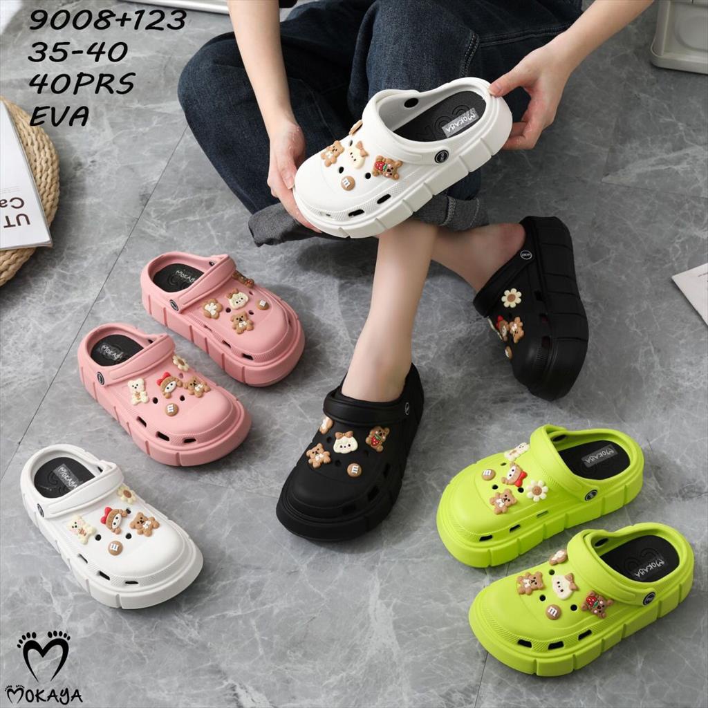 Sandal Crocs Let Bakpao Kodok Wanita Baim Fuji Mainan Jibbitz Bear Anak Cewek &amp; Pink Flower Platform Tebal Super Ringan Empuk Lucu Cantik Trendy  Import Mokaya / Size 35-40 (9008+123 &amp; 9008+78)