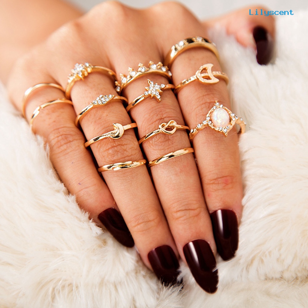 [LS]13Pcs /Set Cincin Fashion Bersinar Berlian Imitasi Mahkota Bulan Bintang Knuckle Ring Untuk Pesta