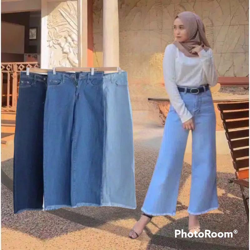 CELANA WANITA KULOT SOBEK BAWAH PREMIUM / HIGH WAIST KULOT RIPPED JEANS