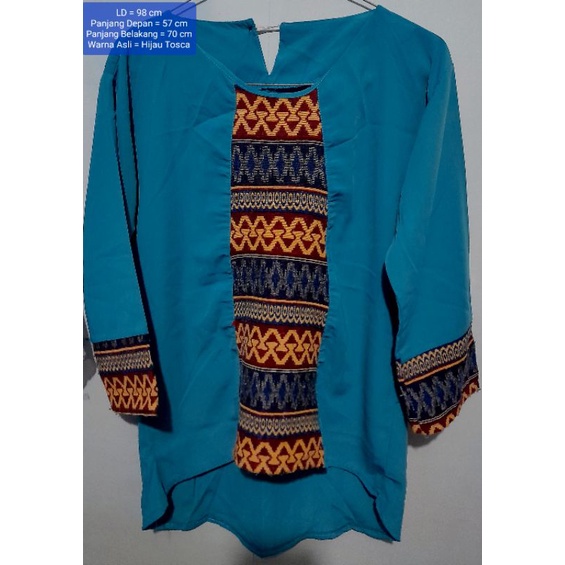 Preloved Atasan/Blouse/Tunik Wanita Hijau Tosca Motif Etnik