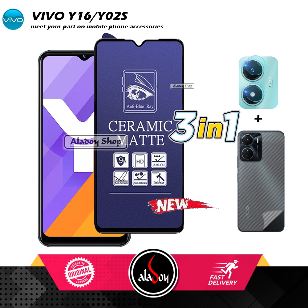 PAKET 3IN1 Anti Gores Blue Matte Anti Glare Vivo Y16/Y02S + Tempered Glass Camera dan Skin Carbon