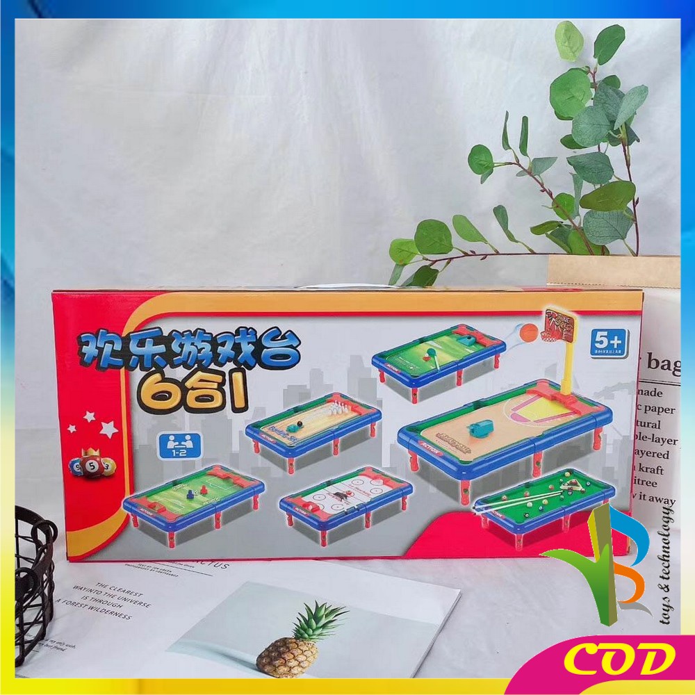 RB-M54 Mainan Anak Laki Laki Game Meja Billiard Multifungsi 6in1 Bola Kaki Bowling Bola Basket Golf